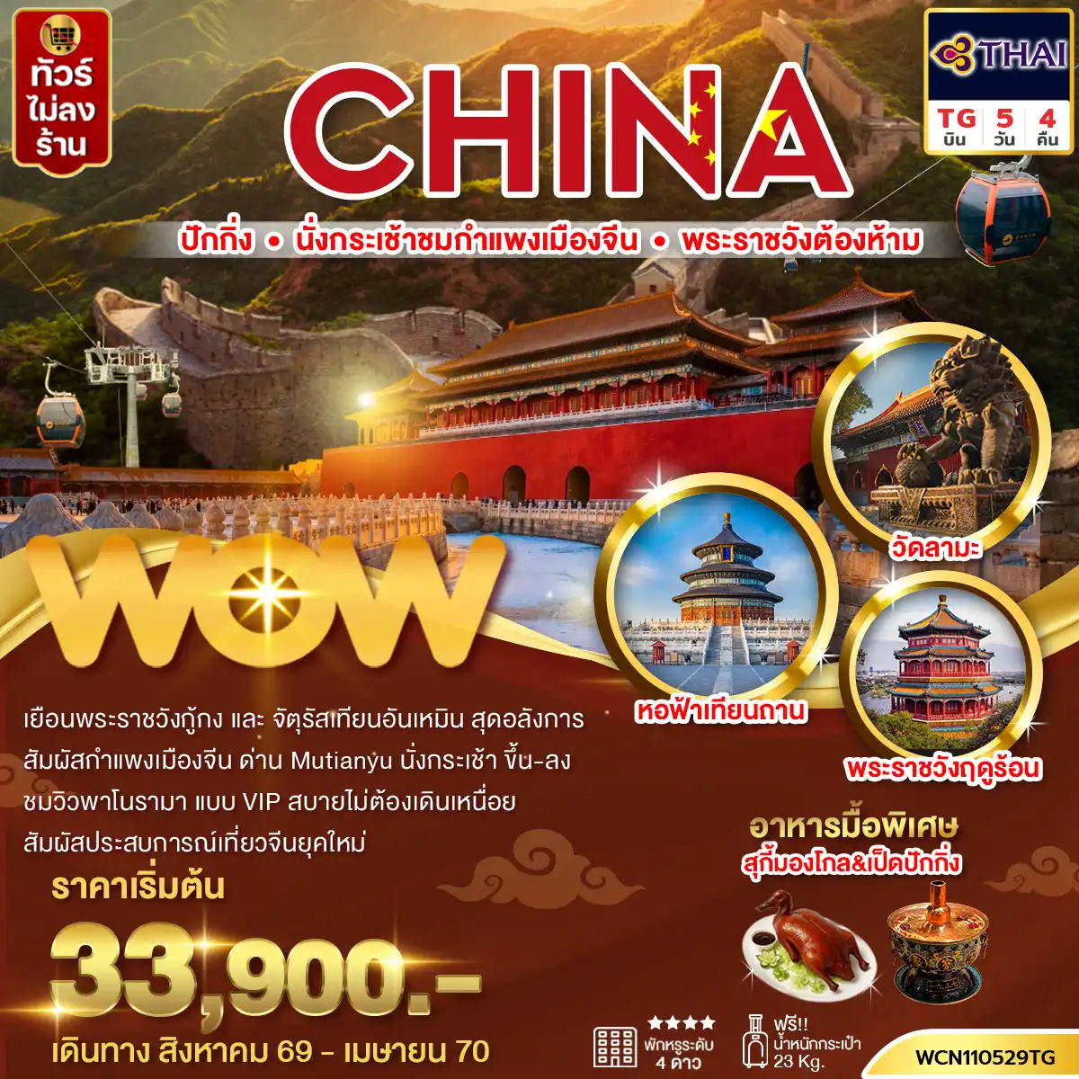 ทัวร์จีน ปักกิ่ง กำแพงเมืองจีน พระราชวังต้องห้าม จัตุรัสเทียนอันเหมิน วัดลามะ 5 วัน 4 คืน by THAI AIRWAYS (WCN110529TG)